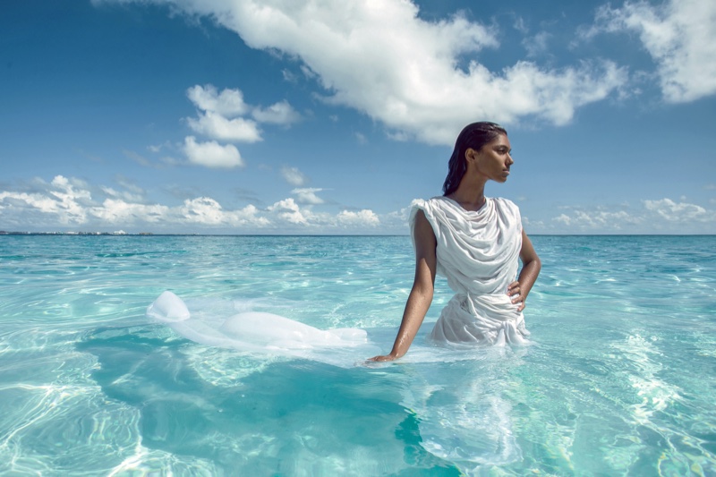 Maldives Fashion Model White Dress Ocean