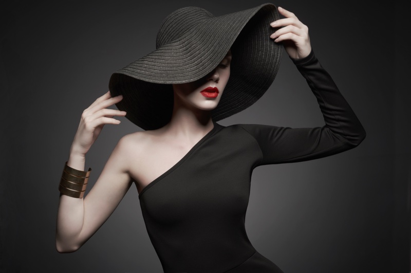 Model Black Wide Brimmed Hat One Shoulder Dress
