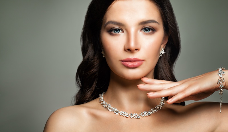Model Diamond Earrings Necklace Bracelet