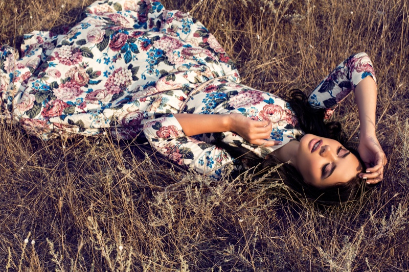 Model Floral Print Maxi Dress Outside