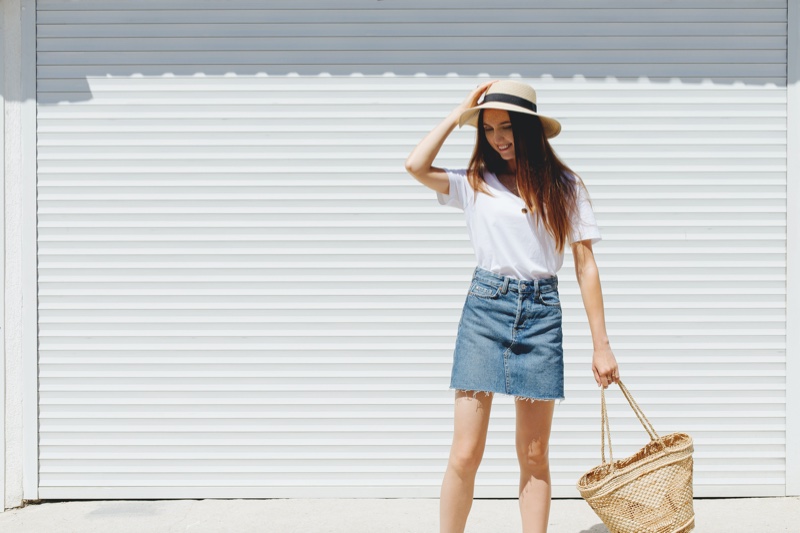 Outfit White T-Shirt Denim Skirt Hat Straw Bag