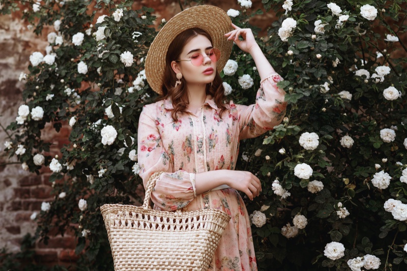 Pink Printed Dress Straw Hat Bag Flowers