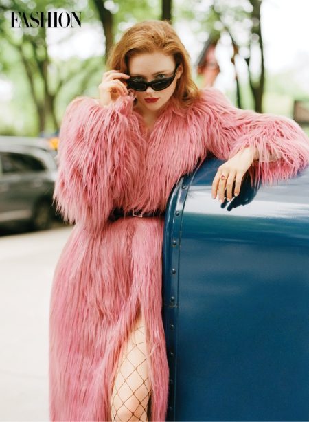 Sadie Sink Rocks Pink Looks for FASHION Magazine Sadie Sink Philosophy Di Lorenzo Serafini Faux Fur Coat