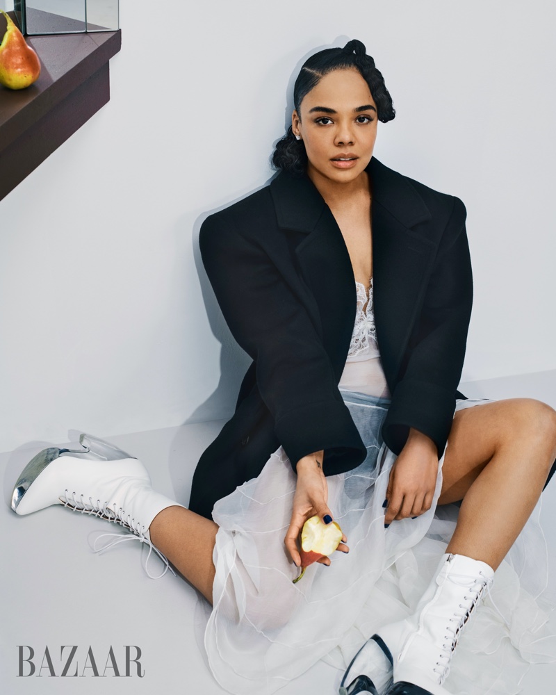 Tessa Thompson Saint Laurent Coat Alaia Boots