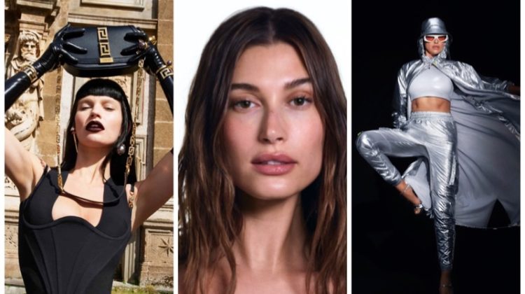 Week in Review: Lily James for Versace fall-winter 2022 campaign, Hailey Bieber in Victoria's Secret T-Shirt bra collection, and Irina Shayk for adidas x IVY PARK Ivytopia collaboration.