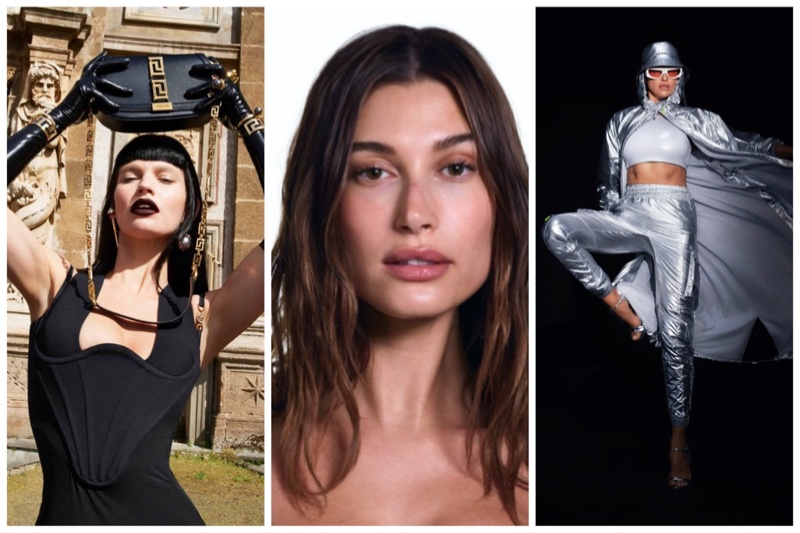 Week in Review: Lily James for Versace fall-winter 2022 campaign, Hailey Bieber in Victoria's Secret T-Shirt bra collection, and Irina Shayk for adidas x IVY PARK Ivytopia collaboration.