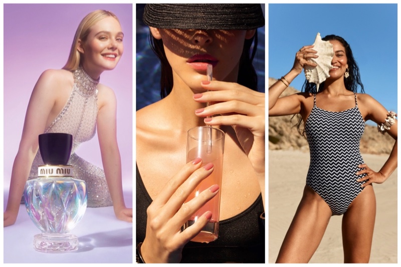 Week in Review: Elle Fanning for Miu Miu Twist Eau de Magnolia fragrance, Chanel Nail Polish summer 2022 collection, and Shanina Shaik for Seafolly Chase the Sun 2022 campaign.