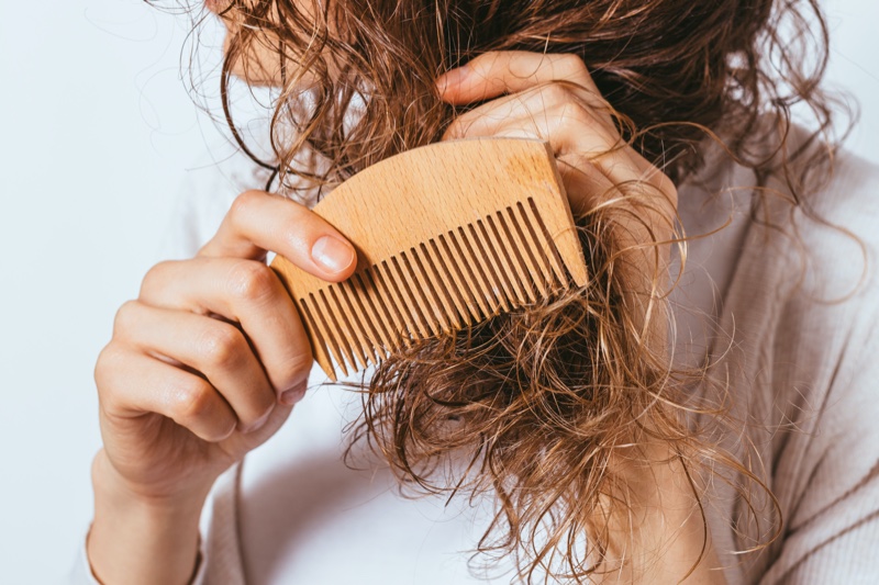 Woman Combing Hair Wood Comb