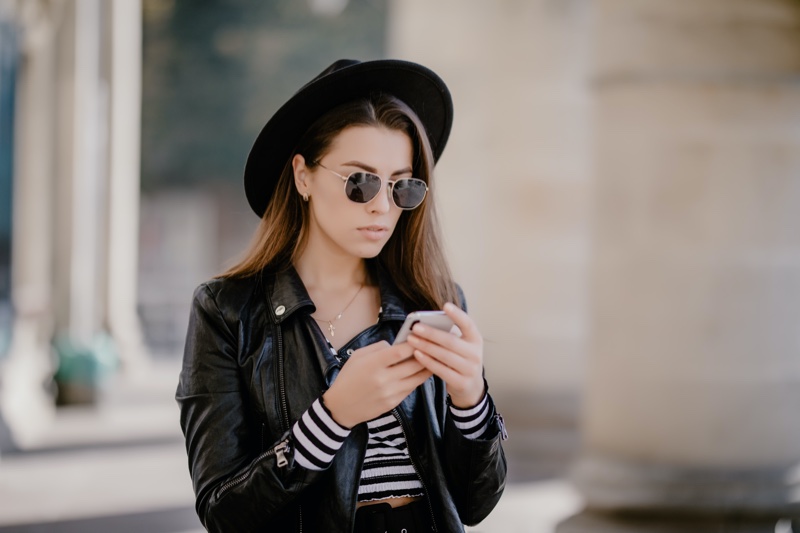 Woman Looking Phone Leather Jacket