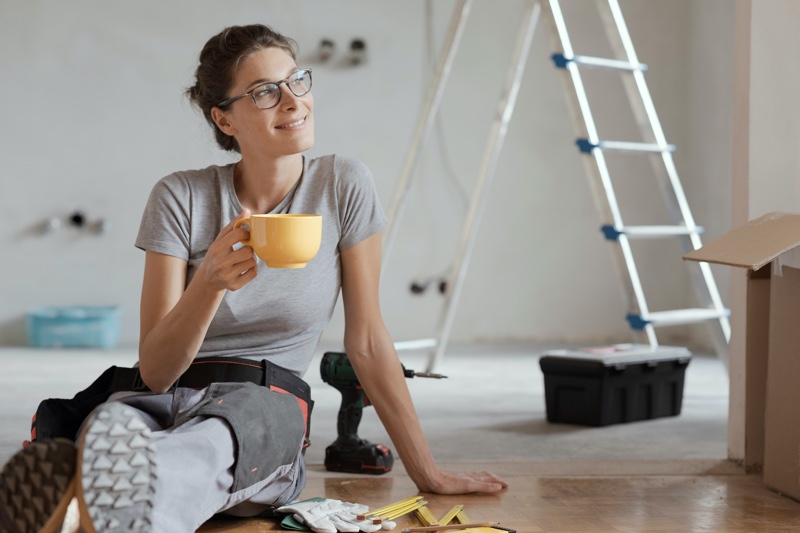 Woman Taking Break Cup Coffee Home Renovation