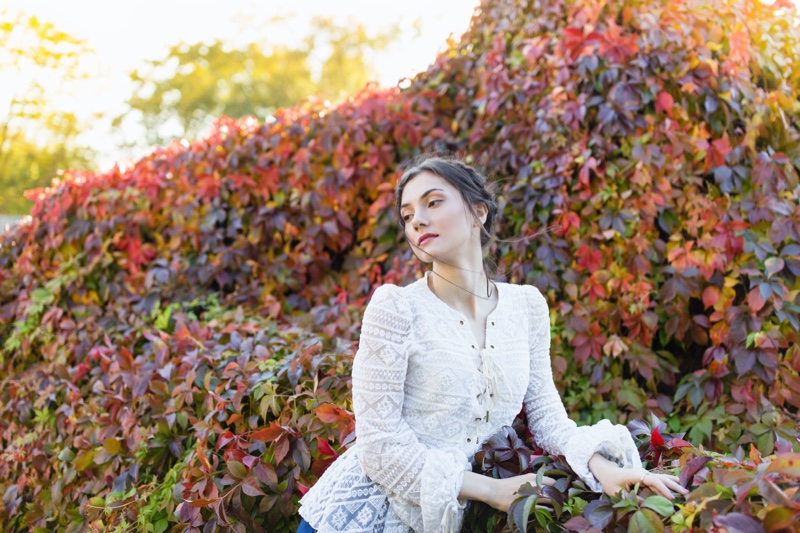 Woman White Lace Blouse Outdoors Fashion