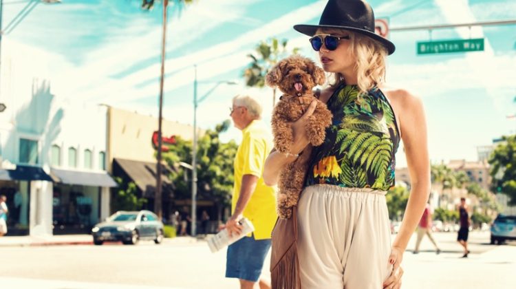 Fashionable Woman Walking Street Holding Cute Dog