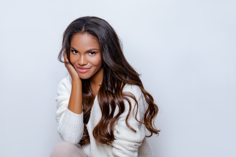 Happy Black Woman Long Ombre Hairstyle