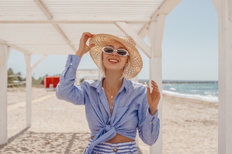 Happy Model Beach Straw Hat Blue Shirt Style