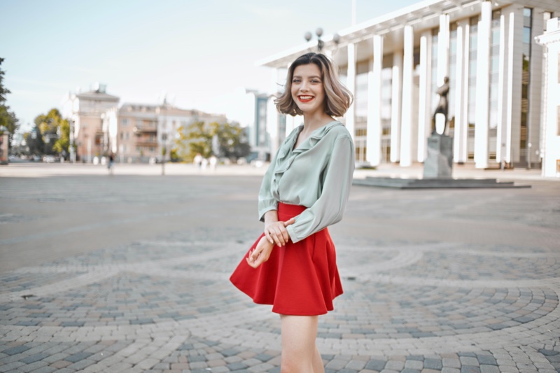 Happy Model Blue Blouse Red Mini Skirt