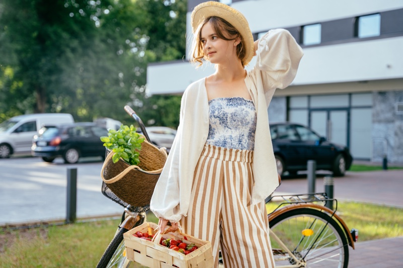 Model Bicycle Hat Cardigan Striped Pants Basket