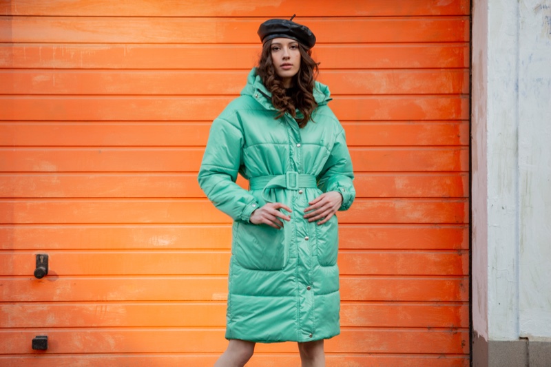 Model Green Puffer Jacket Beret Hat Winter