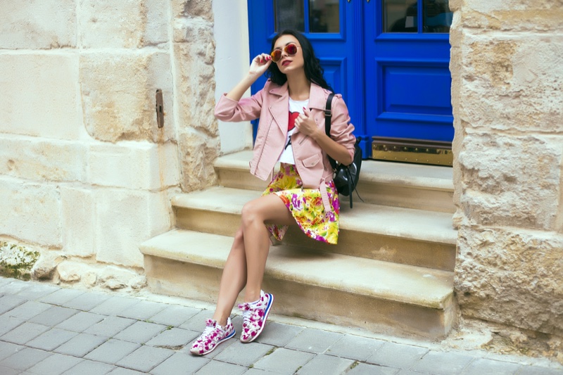 Model Pink Jacket Floral Skirt Sneakers Colorful