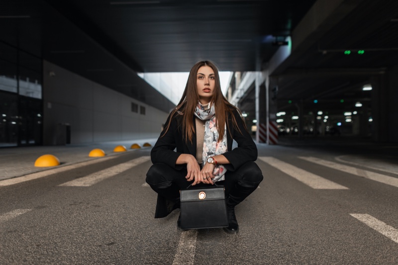 Model Printed Scarf Bag Outfit