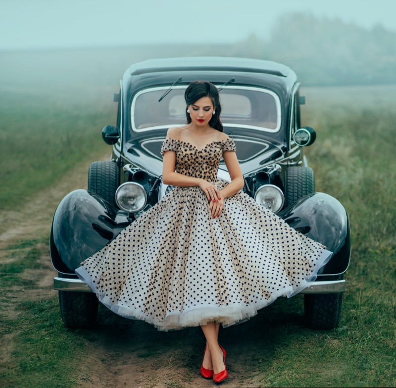 Woman 1950s Polka Dot Dress Car Retro