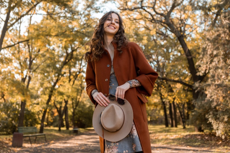 Woman Park Brown Coat Hat Fashion