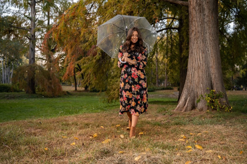 Woman Park Dark Dress Umbrella Outdoors