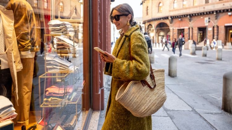 Woman Sunglasses Coat Vintage Shopping Outside Store