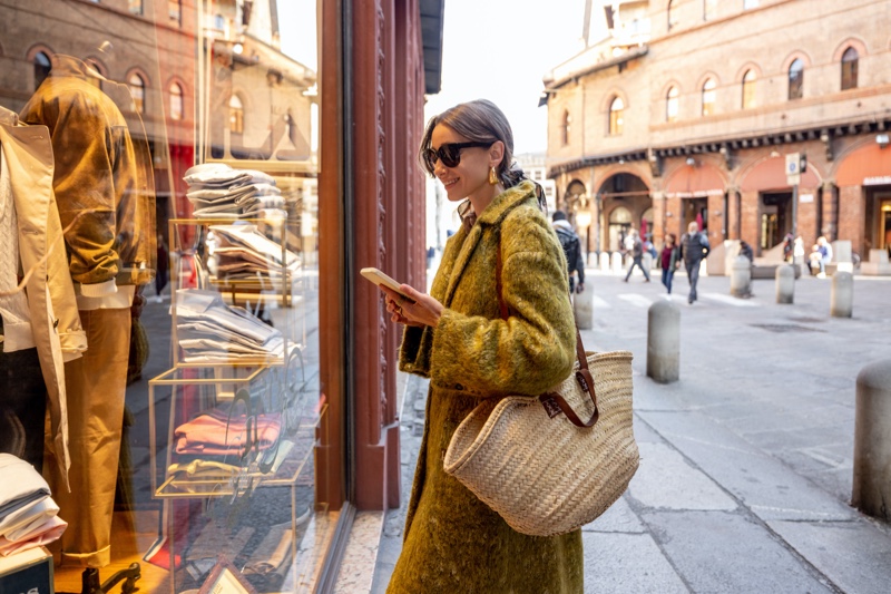 Woman Sunglasses Coat Vintage Shopping Outside Store