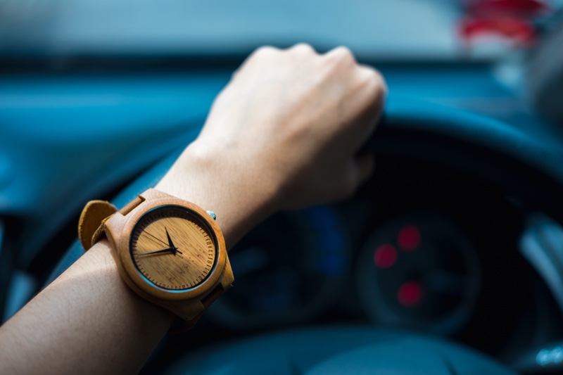 Cropped Woman Wearing Wood Watch Car