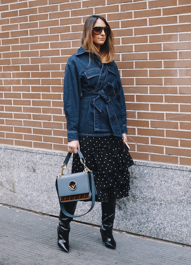 Denim Jacket Polka Dot Skirt Boots Fall Outfits