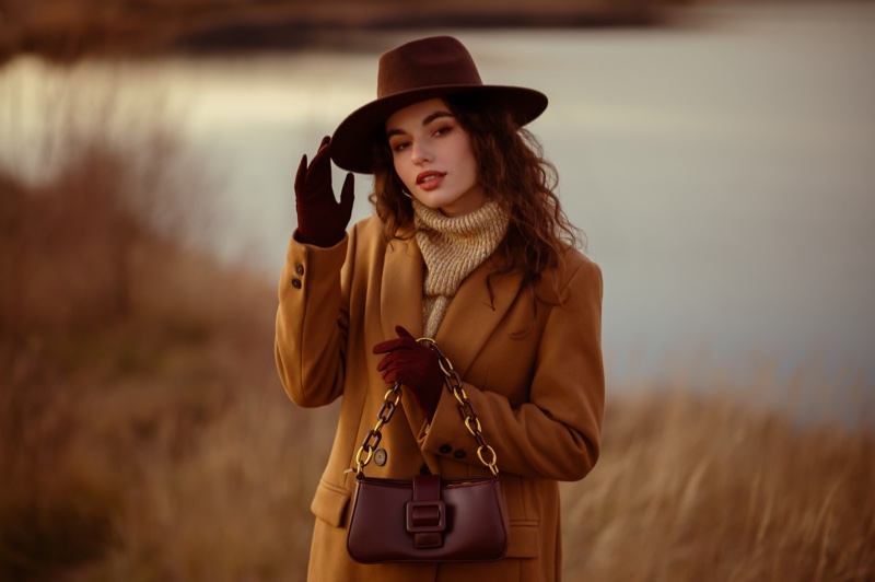 Fall Fashion Hat Gloves Bag Sweater Neutral Colors