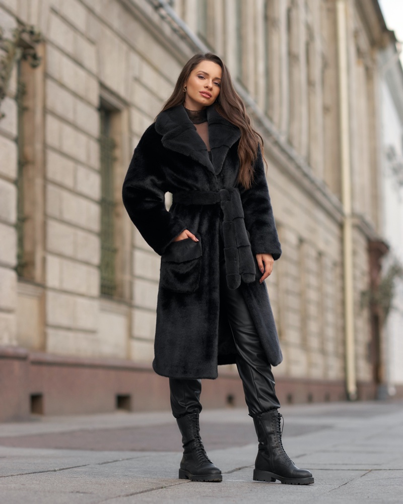 Faux Fur Coat Joggers Combat Boots Black Outfit