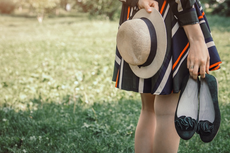 Girl Holding Green Ballet Flats Hat Dress