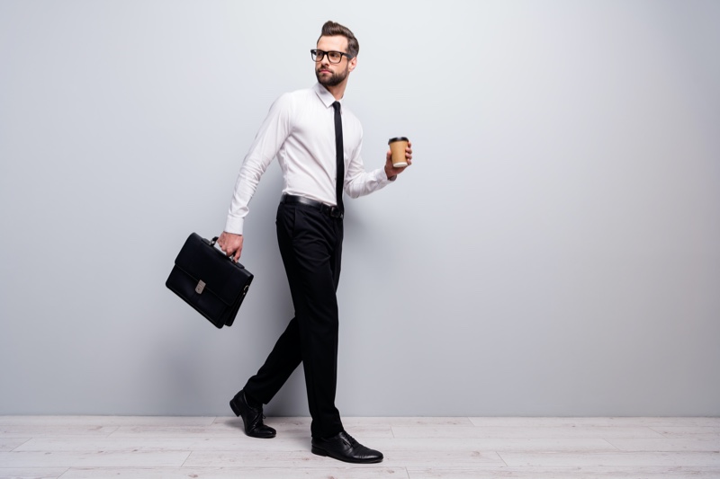 Male Model Posing Briefcase Coffee Cup Work Style