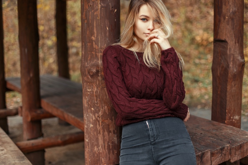Model Burgundy Knit Sweater Jeans