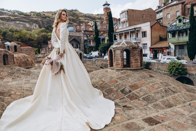 Model Long Sleeve Wedding Dress Back Elegant