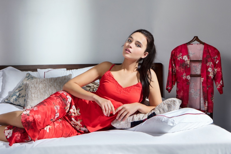 Model Red Floral Print Pajamas Bed