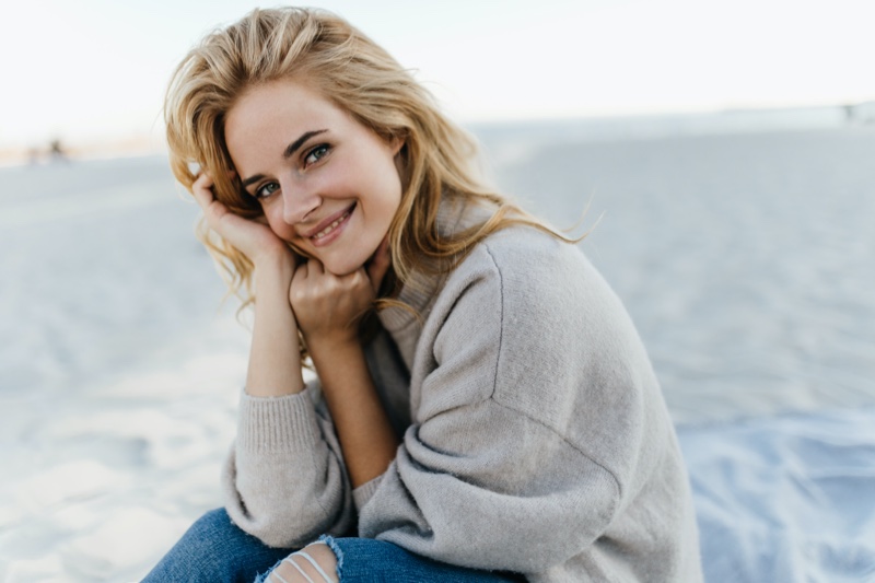 Smiling Blonde Woman Cashmere Sweater