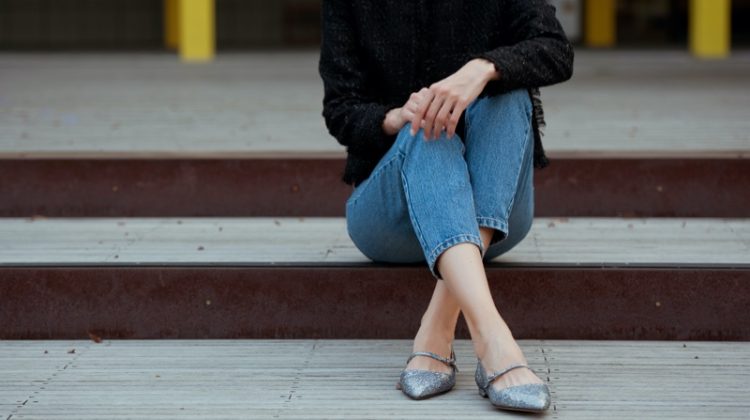 Woman Cardigan Jeans Silver Sequin Flats Shoes