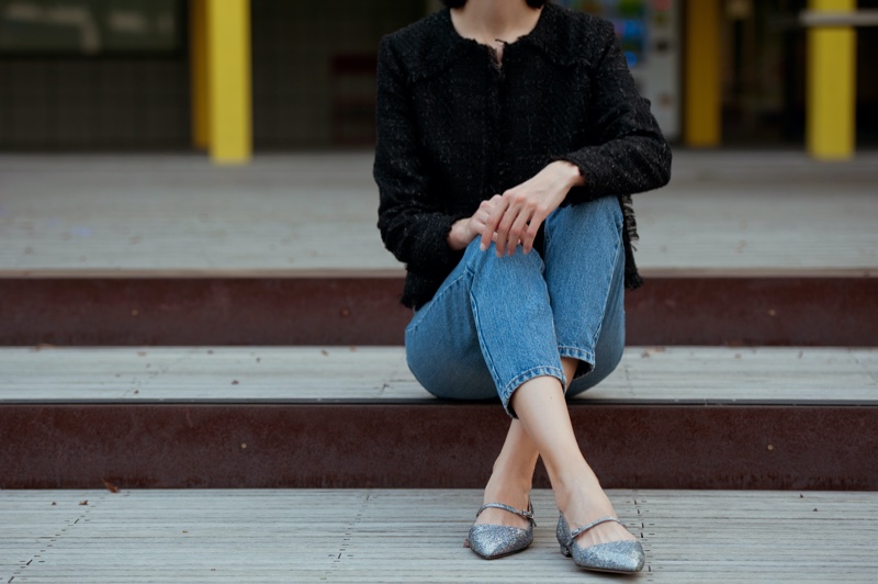 Woman Cardigan Jeans Silver Sequin Flats Shoes