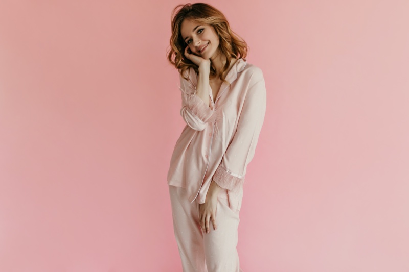 Woman Pink Pajamas Studio