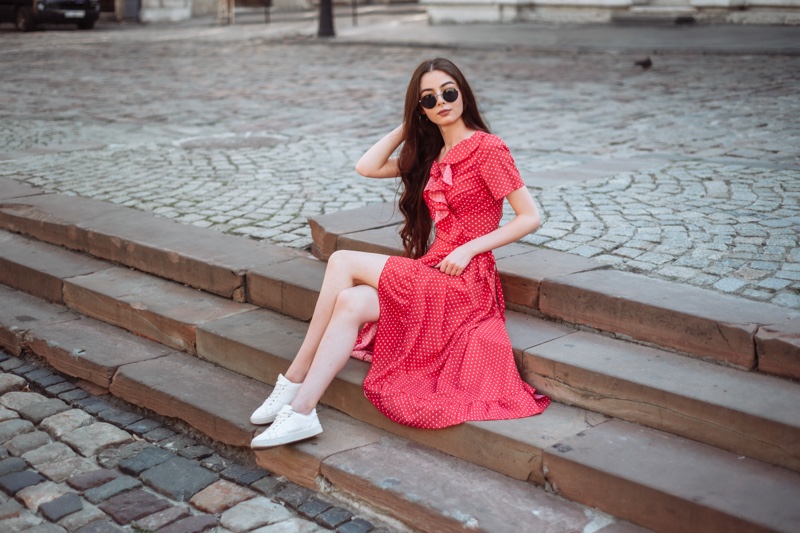 Woman Red Printed Dress White Sneakers