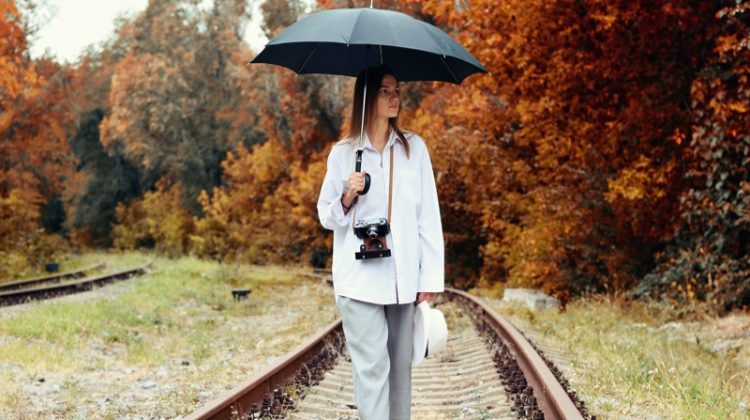 Woman Walking Umbrella Train Tracks Umbrella Sneakers