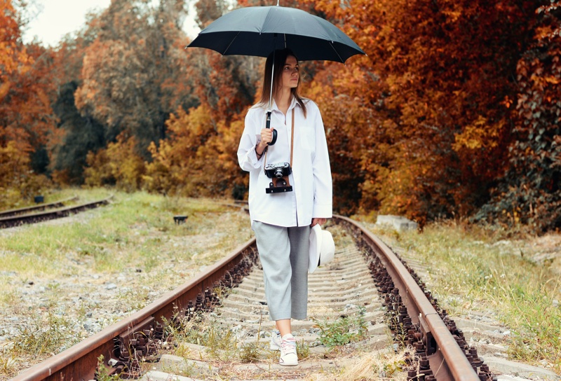 Woman Walking Umbrella Train Tracks Umbrella Sneakers