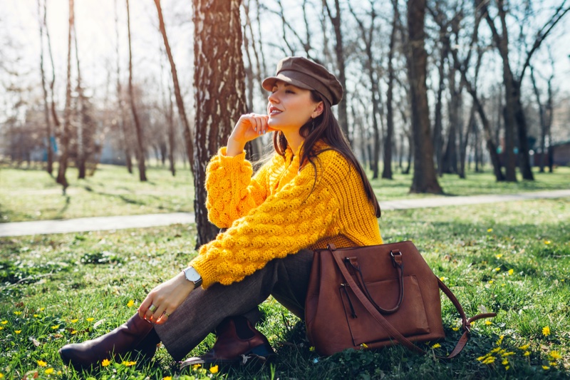 Yellow Sweater Pants Hat Fall Outfit