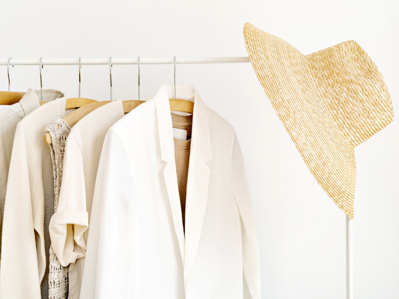 Beige Clothing Hangers Rack Straw Hat