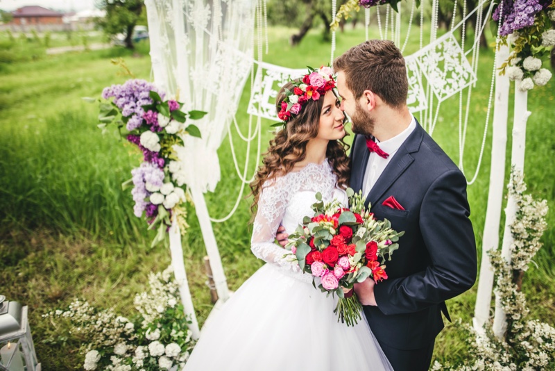 Bride Groom Red Flowers Coordinating Wedding