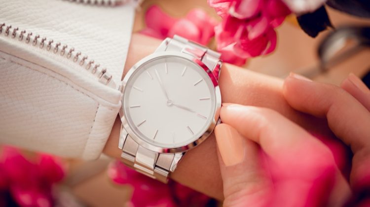 Closeup Silver Watch Flowers Woman