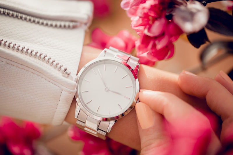 Closeup Silver Watch Flowers Woman