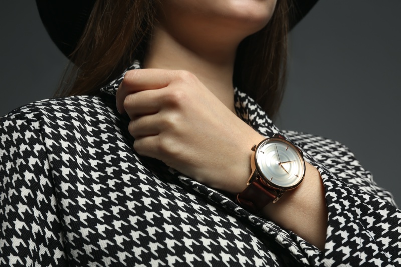 Closeup Woman Wearing Watch Houndstooth Print